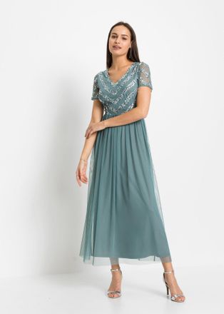 Bonprix Maxikleid BONPRIX, Damen, Gr. 46, N-Gr, blau (rauchpetrol), Obermaterial: 100% Polyester. Futter: 100% Polyester, festlich, schmal, Kleider Maxikleid,