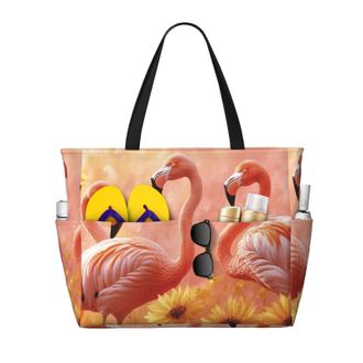 Generic Pink Flamingo Print Large Beach Bag Foldable Travel Shoulder Tote Bag With Pocket For Weekender Pool Vacation