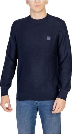 HUGO BOSS Gebreide trui met opgestikte zakken en ronde hals - Heren - Ronde hals truien - Blauw - 2XL - Katoen - Truien & Vesten