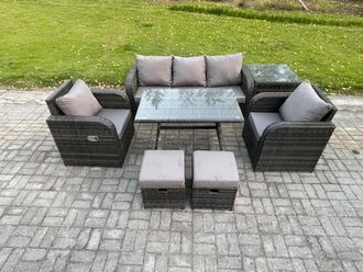 Fimous Rattan Wicker Garden Furniture Patio Conservatory Sofa Set with Rectangular Dining Table Reclining Chair in Dark Grey