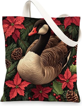 Generic Farmhouse Christmas Goose Canvas Tote Bag for Shopping 13x15, Poinsettia Pine Cones Xmas Reusable Grocery Print Pattern Bag for Women, Happy Holiday B
