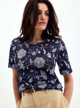Contemporaine Womens Patterned pure linen slub T-shirt