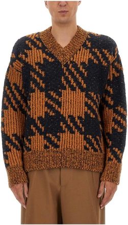 Dries Van Noten Houndstooth Pattern V-Neck Jumper - male - Dries Van Noten - V-neck Knitwear - Multicolor - S - Knitwear