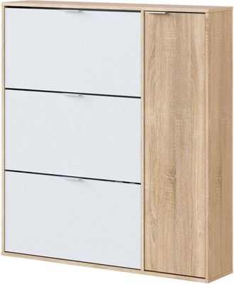 Dmora Scarpiera, Armadio portascarpe a 4 ante, Mobile basso multiuso con 5 ripiani, Scarpiera moderna, cm 106x22h115, Rovere e Bianco