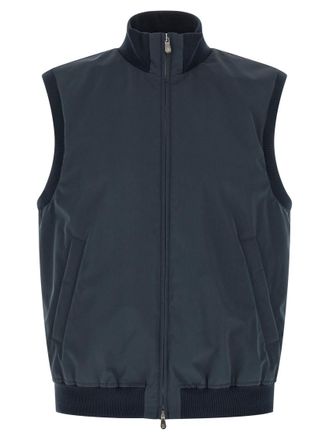 Brunello Cucinelli Blue Solid Mock Collar Jacket