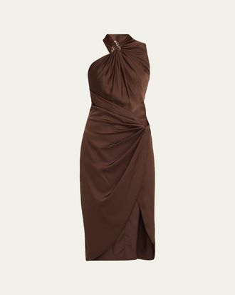 Aidan Mattox Pleated Bodycon Crepe Back Satin Midi Dress