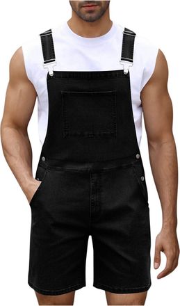 Generic Mens Denim Overalls Bibs and Brace Dungarees Zipper Pocket Short Jumpsuit Solid Color Casual Jeans Shorts Work Coveralls