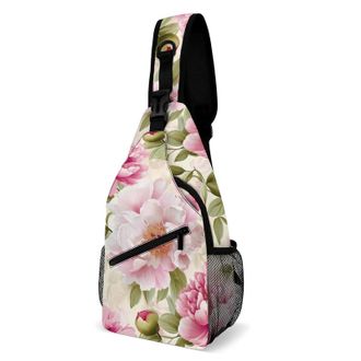 Generic Peony Flowers Blossoming Unisex Shoulder Bags Casual Crossbody Chest Bag Sling Backpack for Hiking Cycling Travel