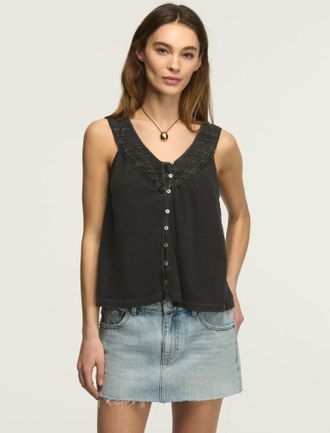 Lucky Brand Womens Lace Yoke V Neck Top