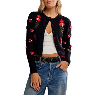 Free People Nonna Floral Jacquard Cotton Cardigan in Midnight Bloom Combo at Nordstrom, Size Large