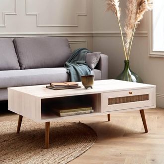Sweeek Coffee Table With Wood & Cane Effect in White