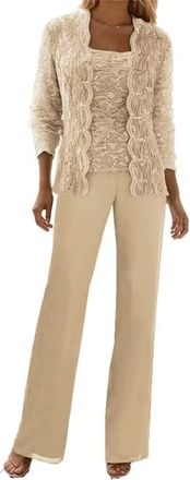 Generic 3 Pieces Lace Chiffon Mother of The Bride Pant Suits with Jackets Sequins Wedding Guest Dresses for Women (Champagne,M)