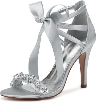 Generic Wedding Shoes Womens Heels Strappy Ankle Strap High Heels Open Toe Bridal Stiletto Sandals 10.5Cm,Silver,3 UK
