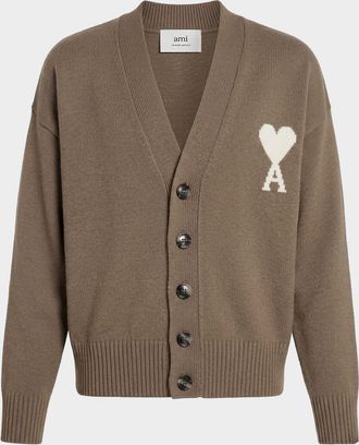 Ami Men & apos;s Intarsia Ami De Coeur Wool and Cotton Knit Cardigan