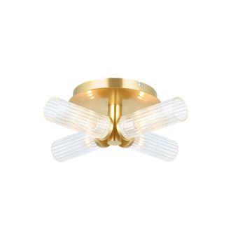 Netlighting Talo Bathroom Multi Arm Glass Semi Flush Ceiling Lamp Satin Brass Plate Ribbed Glass IP44 in Yellow