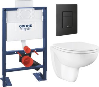 GROHE Paquete De Soporte De Baja Altura Del Grohe Rapid Sl + Inodoro Bauceramic Sin Pesta&ntilde;a + Placa De Control Negro Mate
