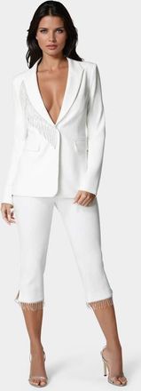 Bebe Mid Waist Rhinestone Fringe Capri in White Alyssum at Nordstrom, Size 6