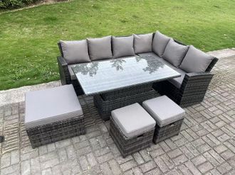 Fimous 9 Seater High Back Outdoor Rattan Adjustable Rising Lifting Dining Table Corner Sofa Garden Furniture Right Hand in Dark Grey