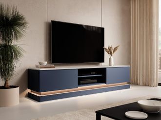 Vente-Unique Mobile TV 2 cassetti e 2 nicchie con LED MDF Blu effetto marmo Bianco - DEVIKA di Pascal MORABITO
