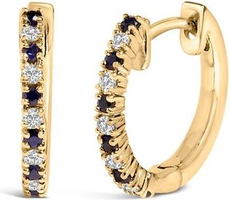 House of Brilliance 10K Yellow Gold Alternating Blue Sapphire 1/10 Ct Diamond Huggy Hoop Earrings at Nordstrom