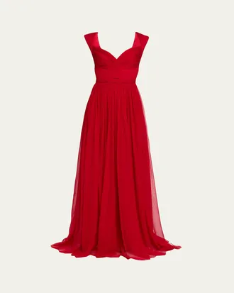 Pamella Roland Sleeveless Ruched Chiffon Cape Gown