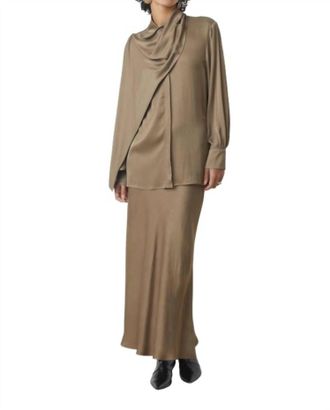 Suncoo Lino Satin Blouse With Draped Collar In Taupe