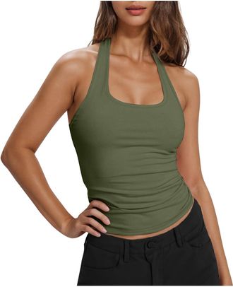 Generic Womens Running Vests Halter Neck Top Halter Neck Tank Top Sleeveless Slim Fit Vest Square Neck Backless Tees Tunic Casual Trendy Blouses Thin Workout 