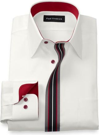 Paul Fredrick Tailored Fit Non Iron Point Collar Dress Shirt with Striped Trim in White/red at Nordstrom, Size 15.5 - 32