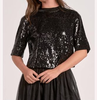 Elan Quarter Sleeve Sequin Top In Black