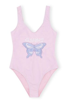 Ganni Graphic Deep Cut Swimsuit - Size 10/12 Purple