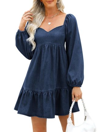 Fengbay Denim Dresses for Women UK, Ladies Puff Long Sleeve Jean Dress Fall Casual Babydoll Ruffle Denim Dress Trendy Dark Blue