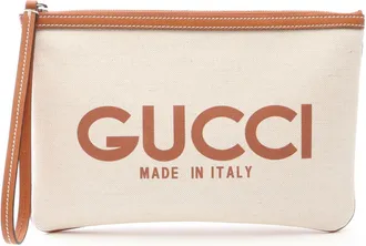 Gucci Brown Ivory Canvas Leather Clutch Bag (Pre-Owned)