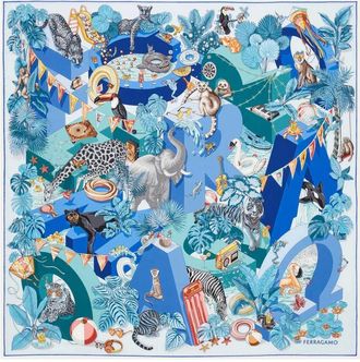 Ferragamo Accessoires, Dames, Veelkleurig, ONE Size, Jungle Party Print Zijden Sjaal