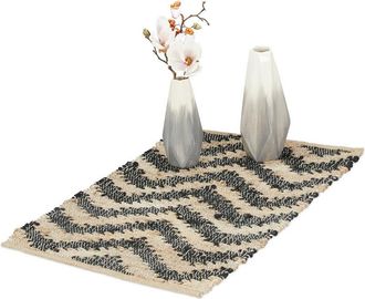Relaxdays Relaxdays - Small Runner Rug, Cotton & Jute, 50x80 cm, Non-slip, Hand-woven, Carpet Hallway, Kitchen, Zigzag, beige/black