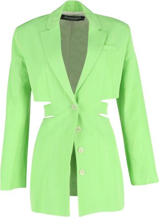 Jacquemus Bari Neon Cutout Woven Mini Dress in Green Viscose