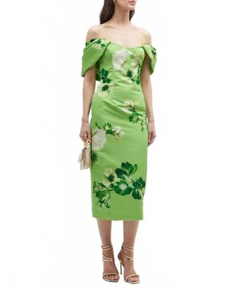 Monique Lhuillier Off Shoulder Dress With Draped Arm In Lime Multi