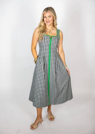 Entro Gingham Sleeveless Midi Dress In Black/green