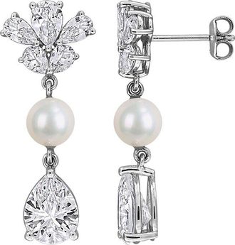Rina Limor Silver 8.92 Ct. Tw. Lab-Grown Created White Sapphire & 6-6.5Mm Pearl Drop Earrings