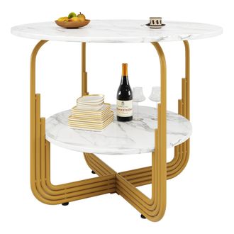 STILVORA Mesa De Comedor Redonda Para 4 Personas En Mdf Con Espacio De Almacenamiento, Motivo Marmoleado, Patas Ajustables - 80&times;80&times;76 Cm, Dorado