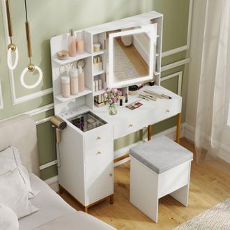 Costway Toeletta con specchio e sgabello, toeletta con contenitore, luci LED a 3 colori, tavolo da trucco, armadietti, cassetti, ripiani aperti, bianco
