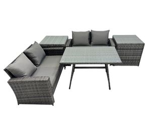 Fimous 4 Seater Outdoor Dining Table Double Seat Sofa 2 Side Table Set in Dark Grey