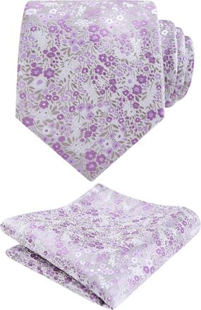 Alizeal Mens Light Colored Floral Necktie and Pocket Square Small Flower Colorful Wedding Party Tie Set, Gray+Lilac