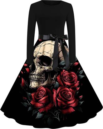 Generic Halloween Costumes Adult Women, Ladies Halloween Dress Retro Pumpkin Skeleton Print Long Sleeve A Line Swing Dress Black Vintage Skull Witch Rockabill