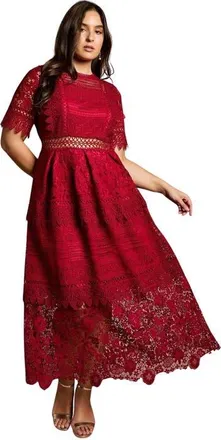 Coast Plus Embroidered Lace Midi Dress in Berry at Nordstrom, Size 14