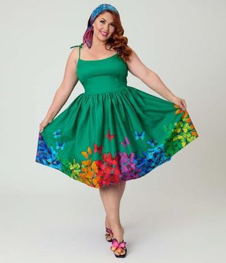 Unique Vintage Plus Size 1950s Bobbie Swing Dress in Green W/Rainbow Butterflies at Nordstrom, Size 2X