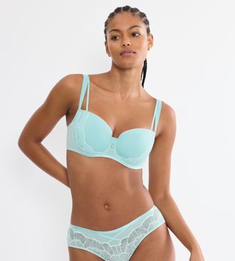Triumph Balconette-BH TRIUMPH Palina Moonlight Kiss, Damen, Gr. 70, Cup F, capri blau, Spitze, Obermaterial: 54% Polyester, 32% Polyamid, 14% Elasthan, BHs Ba