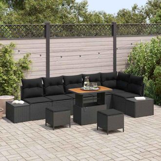 vidaXL Vidaxl - Conjunto De Sof&aacute; De Jard&iacute;n Con Coj&iacute;n 9 Pcs Negro Polirat&aacute;n