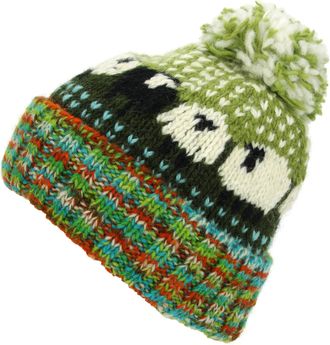 Loud Elephant Hand Knitted Wool Beanie Bobble Hat - Sheep - Green Multi