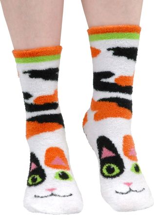BambooMN Super Soft Warm Cute Womens Animal Non-Slip Fuzzy Fluffy Crew Winter Home Socks, 21 Calico Cat, X-Large