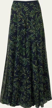 Carolina Herrera Iris Olive-Printed Wide-Leg Silk Chiffon Pants